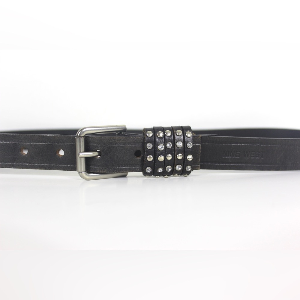 Studded Rhinestone Black Grey Brown Leather Belt Skinny Gray Studs Rhinestones